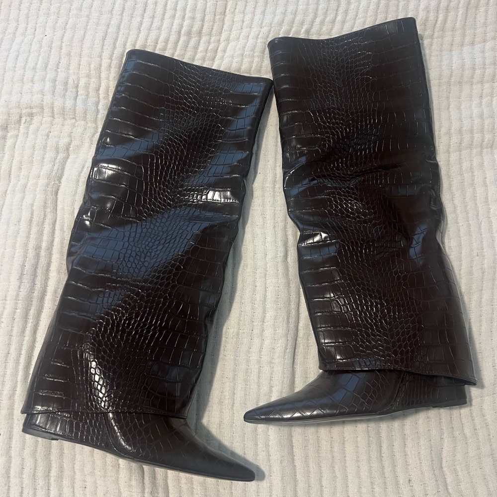 Steve Madden Brown Croc-Embossed Knee-High Boots
